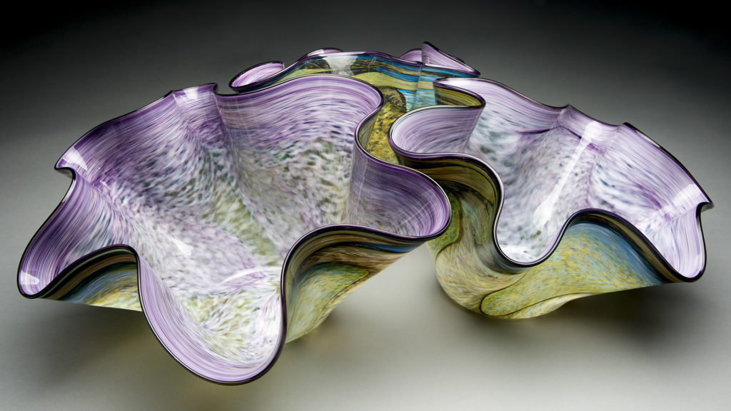 Three interlocking wavy glass bowls. Blown glass by Henry Lavine, Snowville Oh